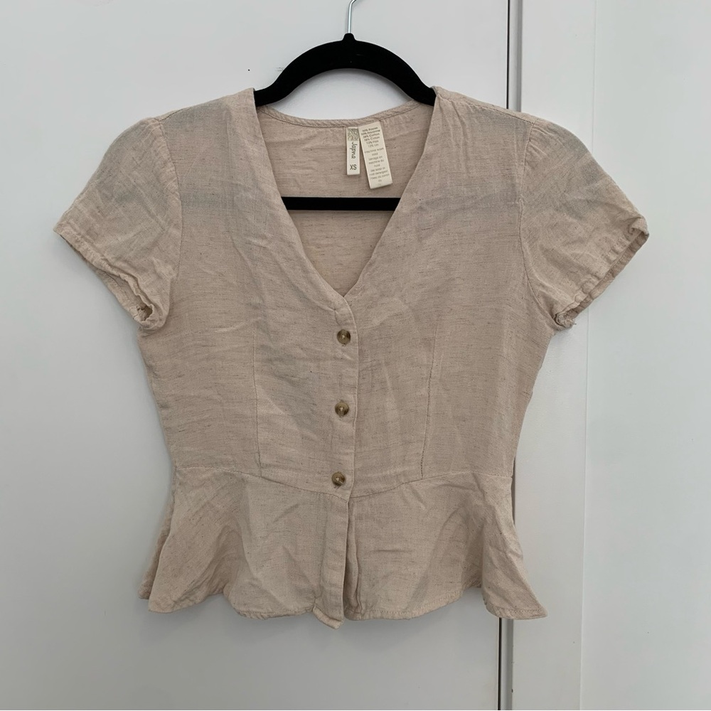 Linen Blend Peplum Button-Front Top